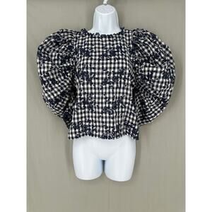 Olivaceous Top Womens Small Navy Blue Plaid Floral Puff Sleeve Cottagecore Boho